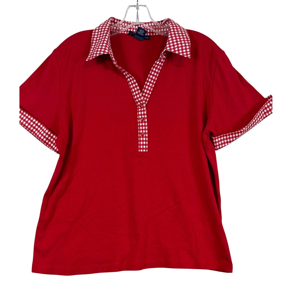 Karen Scott Red Gingham Trim Polo Shirt Women XL Short‎ Sleeve Cotton Top Preppy